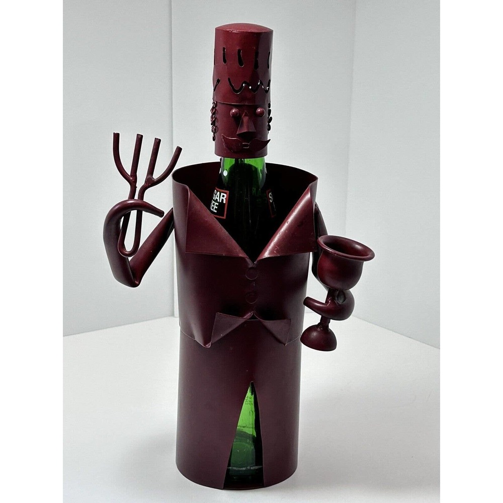 Metal Wine Bottle Holder Waiter Wearing Hat‎ & Tux Ready to Serve , Deep Maroon